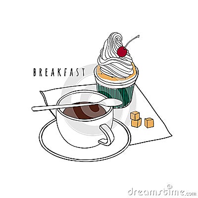 Cupcake with whipped cream and cherry. A cup of coffee with a saucer, spoon and napkin. Vector Illustration