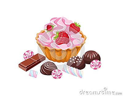 Cupcake with whipped cream and raspberries, candy, chocolate and marshmallows. Vector Illustration