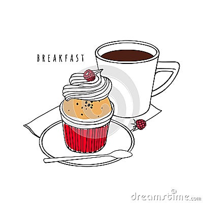 Cupcake with whipped cream and raspberries. A cup of coffee with a saucer, spoon and napkin. Vector Illustration