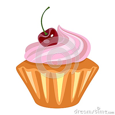 Cupcake With Whipped Vanilla Cream And Cherry. Vector Illustration