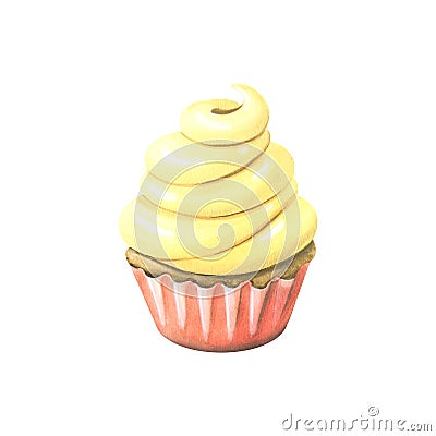 Cupcake with yellow cream and coral-colored mold. Watercolor illustration. An isolated object from a large set of happy Cartoon Illustration