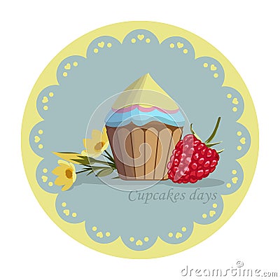 Cupcake, flowers, raspberry on round pattern frame. Vector Illustration