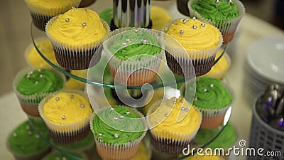 Cupcakes. Amazing chocolate cakes and cupcakes. Chocolate caramel cupcake with nuts and butterscotch syrup. Green and Stock Photo