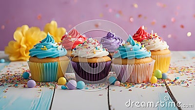 cupcakes with candles A bright and cheerful photo of six birthday cupcakes with rainbow colors. Stock Photo