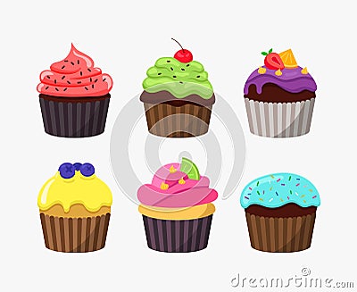 Cupcakes in cartoon flat design isolated on white background. Cute tasty cakes vector colorful illustration. Vector Illustration