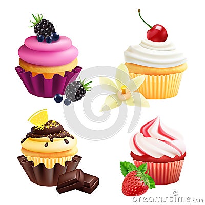 Cupcakes collection. Realistic muffins with cream, fruits, vanilla, chocolate. Vector cupcakes isolated on white Vector Illustration