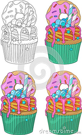 Cupcakes with colorful cream, rainbow sprinkles and donut seamless pattern Vector Illustration