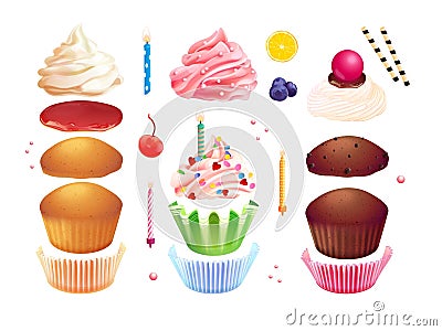 Cupcakes creation. Realistic muffin constructor, 3d cupcake with candle different whipped cream or fruit frosting and Vector Illustration
