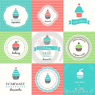 Cupcakes and Desserts Labels and Signs Vector Illustration