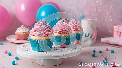 cupcakes with frosting and sprinkles Birthday cupcakes with pink and blue frosting and sprinkles on a white cake stand. Stock Photo