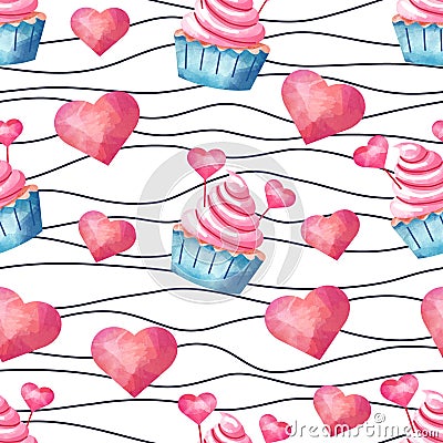 Cupcakes and hearts seamless vector pattern in watercolor style. Stock Photo