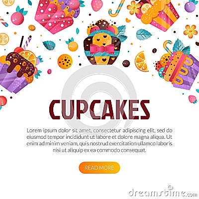 Cupcakes landing page template. Confectionery, bakery shop, cafe promotion web banner. Advertising of tasty desserts Vector Illustration