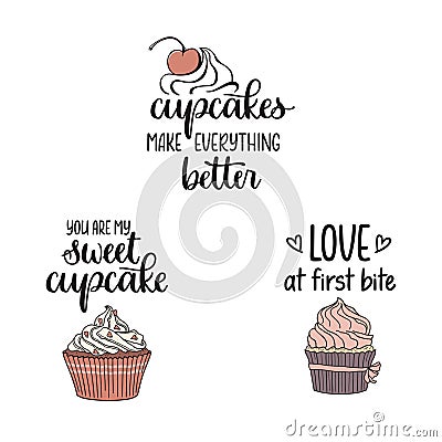 Cupcakes and Love related quotes Vector Illustration