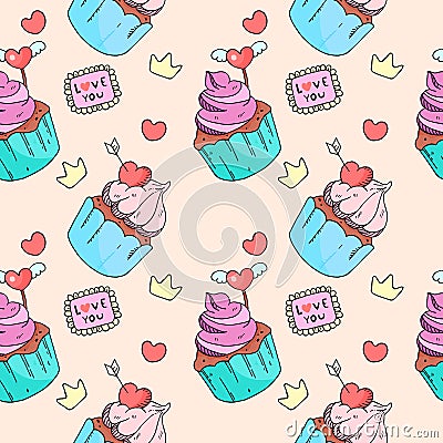 Cupcakes and muffin, sketch, seamless vector pattern, doodle, hand drawing Vector Illustration