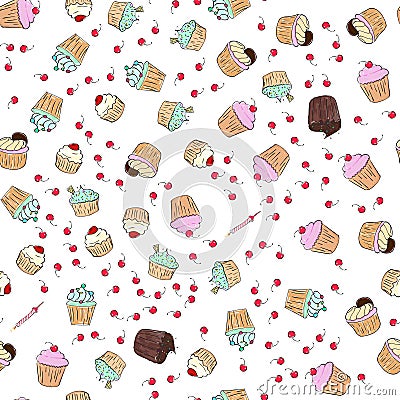 Cupcakes pattern illustration. Seamless print with pastry set. Vector bakery background.Hand draw style Vector Illustration