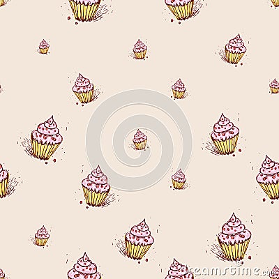 Cupcakes with pink cream Hand drawn sketch on pink background.seamless pattern vector Vector Illustration