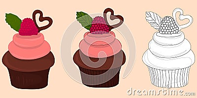 Cupcakes with pink cream and raspberries with chocolate heart for St. Valentines day vector Vector Illustration