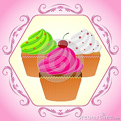 Cupcakes in pink frame Vector Illustration