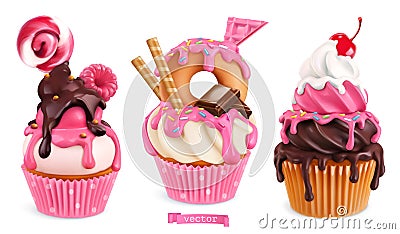 Cupcakes with raspberries, donut, chocolate Vector Illustration