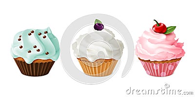 Cupcakes realistic. Homemade dessert sweet with pink and blue icing in paper cups, sugar cakes with cream and berries Vector Illustration