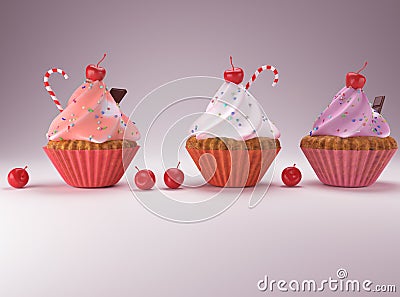 Cupcakes with red cheery realistic 3D Stock Photo