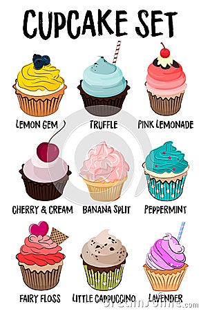 Cupcakes Set illustration. Set muffins, different sweet cupcakes. Vector menu template isolated on a white background Vector Illustration