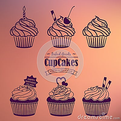 Cupcakes Silhouette Set Vector Illustration