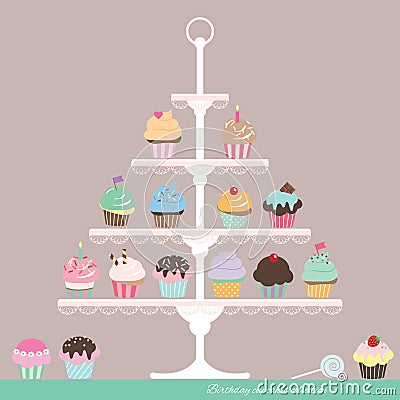 Cupcakes on stand. Birthday design. Vector Illustration