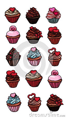 Cupcakes stickers set of different delicious Cartoon Illustration