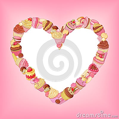 Cupcakes, sweets, macaroons, pastries vector heart frame on pink background. Vector Illustration