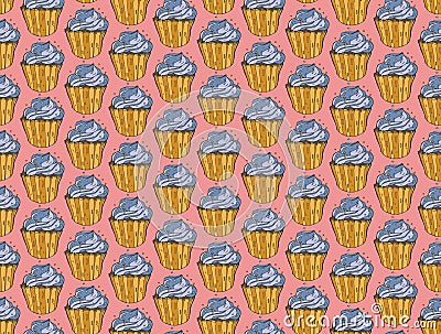 Cupcakes sweets seamless doodle vector pattern hand drawn.Vintage bakery background. Vector Illustration