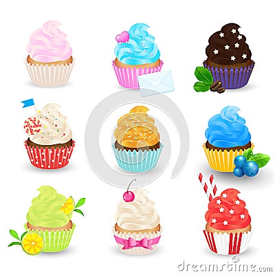 Cupcakes vector set isolated on white background. Sweet pastries Vector Illustration