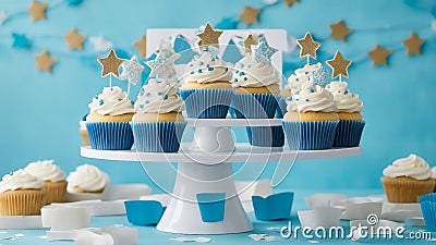 cupcakes with whipped cream A birthday party with blue cupcakes on a cupcake stand. stars on top Stock Photo