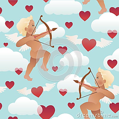 Cupid angel with bow and arrow aiming at someone s heart. Seamless illustration. Valentine s day. Vector Illustration