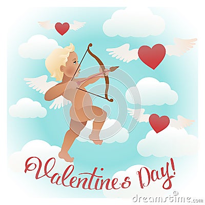 Cupid angel with bow and arrow aiming at someone`s heart. Vector Illustration
