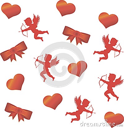 Cupid and a big red heart on the background. Vector Illustration