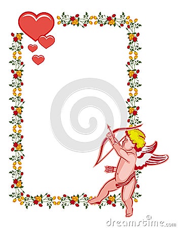 Cupid with bow hunting for hearts. Raster clip art. Stock Photo