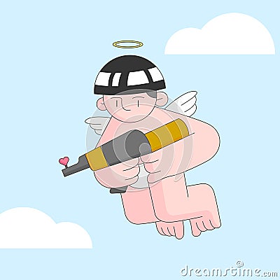 Cupid bring love weapon flying in the sky with cloud around him. Cartoon Illustration