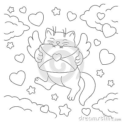 Cupid cat with an envelope. Coloring book page for kids. Valentine`s Day. Cartoon style character. Vector illustration isolated o Vector Illustration