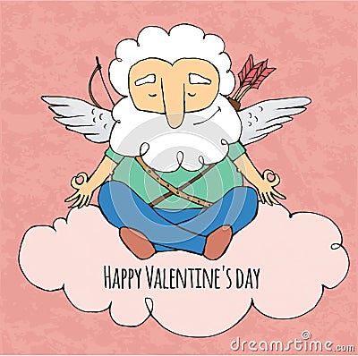 Cupid funny Yogi. Sitting in yoga posture. Valentine`s day Vector Illustration