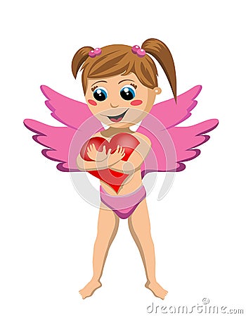 Cupid Girl Hugging Big Heart Vector Illustration