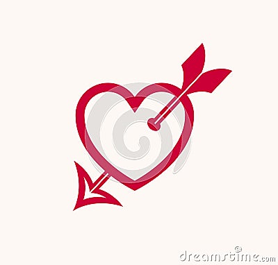 Cupid heart with arrow from bow vector icon or logo, romantic heart fallen in love concept, Valentine theme. Vector Illustration