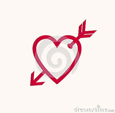 Cupid heart with arrow from bow vector icon or logo, romantic heart fallen in love concept, Valentine theme. Vector Illustration