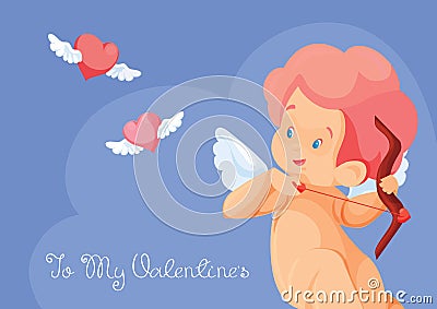 Cupid hunting with archery bow flying hearts. Vector Illustration