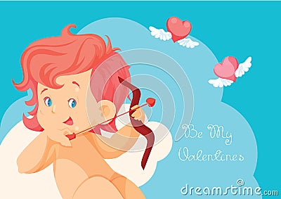 Cupid hunting with archery bow flying hearts. Vector Illustration