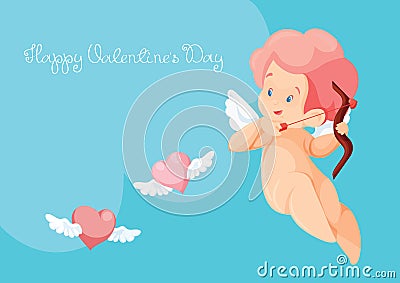 Cupid hunting with archey bow flying hearts. Cupid playing music Vector Illustration