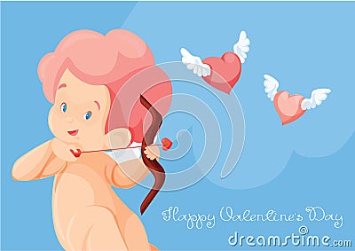 Cupid hunting with archey bow flying hearts. Handwritten fun quotation Valentines Day message Vector Illustration