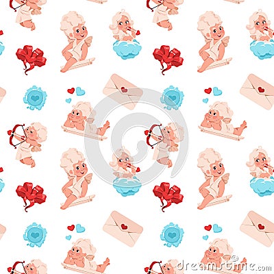 Cupid pattern. Seamless textures with Valentine angels. Cartoon children with bows and arrows. Cherubs on clouds Vector Illustration