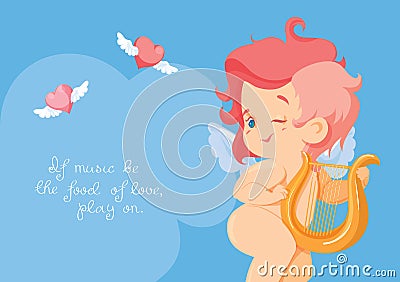 Cupid playing love song music on harp. Vector Illustration