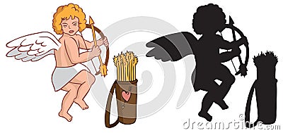 Cupid with a quiver and silhouette Vector Illustration